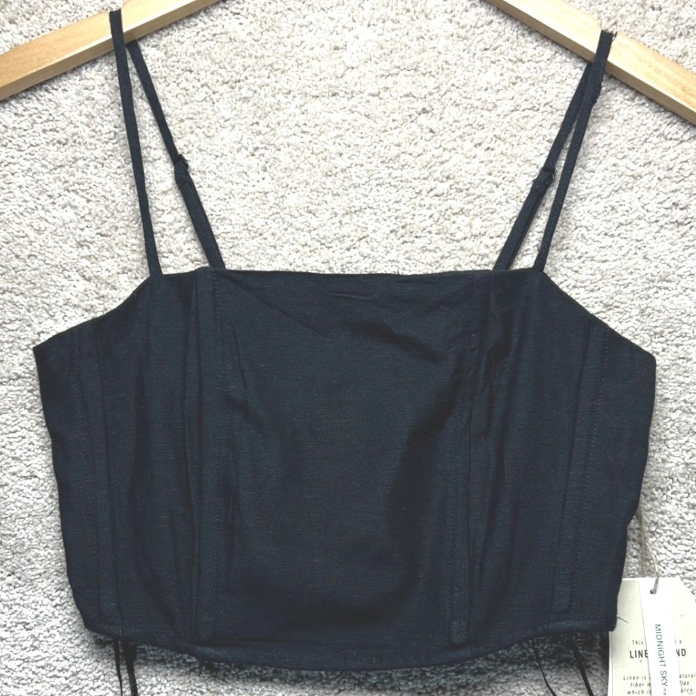 Midnight Sky Black‎ Smocked Corset Crop Top Bustier Linen Blend NEW Size S